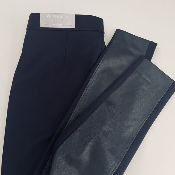 Chico’s Size 0 Faux Leather Front/Ponte Knit Back Leggings Sz 4 US Pull-On Ankle - Picture 1 of 12